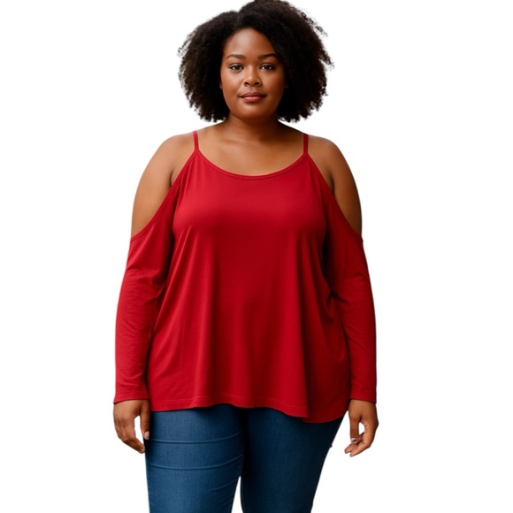 Women’s Red Cold Shoulder Long Sleeve Sweater T-Shirt Top Size XXL - Picture 1 of 9